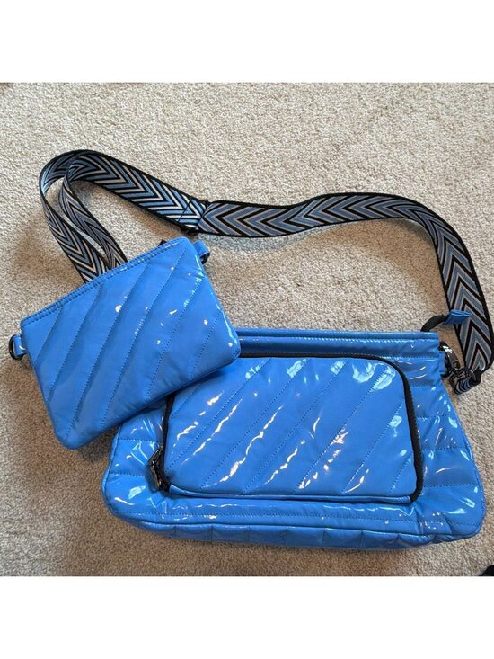 THINK ROYLN Handbags - Think Royln Bank Street Bright Blue Quilted Puffer Crossbody Purse Chevron Strap